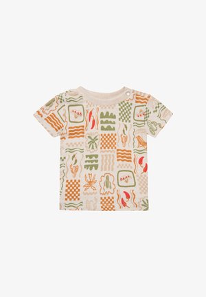 Korte mouwen shirt met een lichtbeige basis, versierd met kleurrijke patronen van cactussen, golven en geruite ontwerpen in groen, rood en oranje.