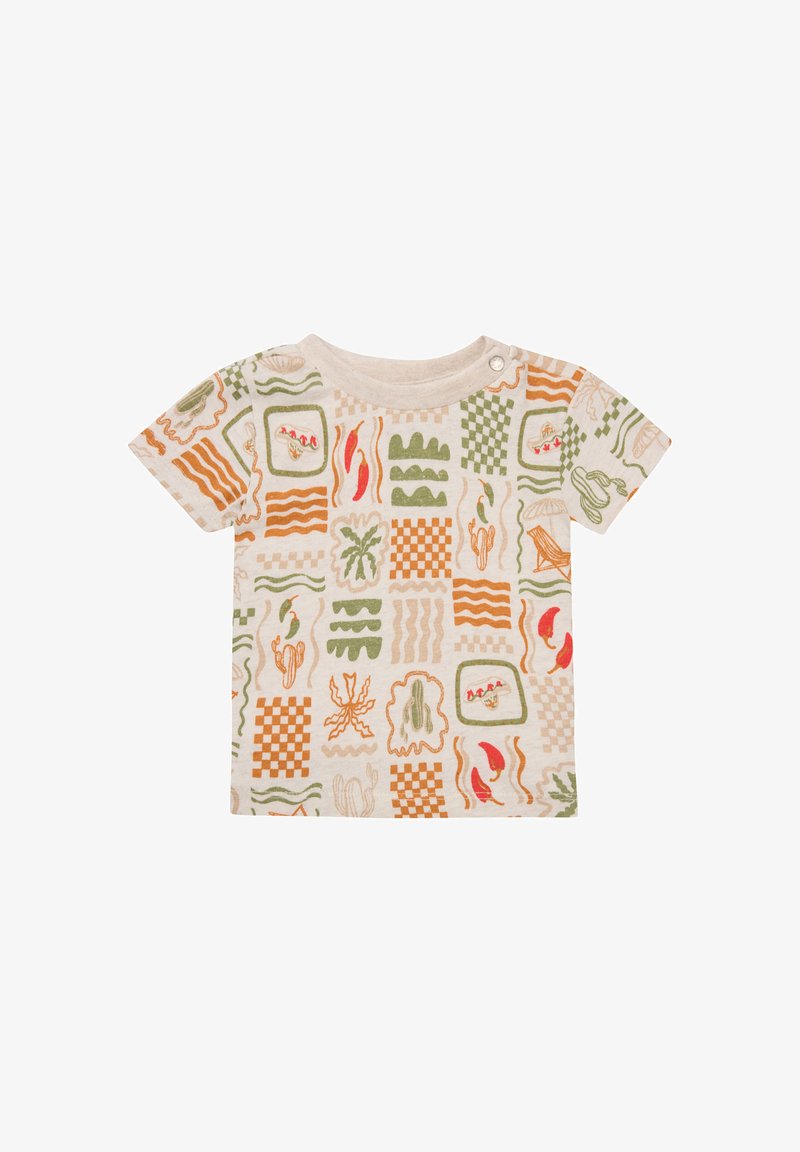 Koszula z krótkim rękawem o jasnobeżowej bazie, z kolorowymi wzorami przedstawiającymi kaktusy, fale oraz wzory w kratę w odcieniach zieleni, czerwieni i pomarańczu.