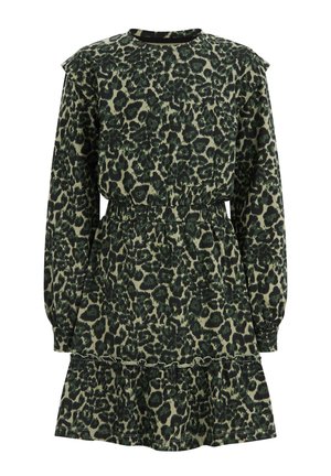 Langærmet knælængde kjole med sort og mørkegrønt leopardmønster, elastisk talje og flæsekant nederst på nederdelen.