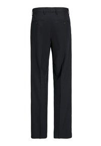 Pantalon formel noir à jambes droites, passants pour ceinture et deux poches arrière boutonnées, vu de dos sur fond blanc.