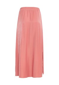 Rosa, knielanger Rock aus weichem Stoff mit elastischem Bund und seitlichem Schlitz, der eine glatte Textur und ein einfaches Design aufweist.