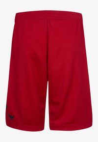 Pantalones cortos deportivos rojos elaborados en tejido de malla transpirable, con cinturilla elástica y un detalle del logotipo negro en el lado izquierdo.