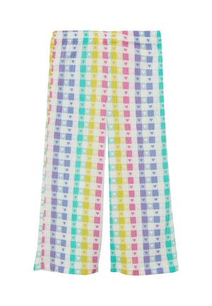 Kinderbroek met wijde pijpen, bedrukt met verticale strepen in meerdere kleuren en kleine hartjespatronen op een witte achtergrond.