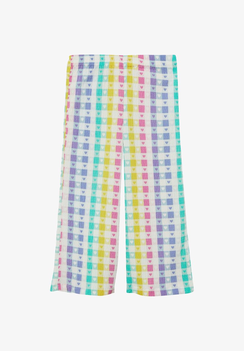 Pantalon à jambes larges pour enfants avec des rayures verticales multicolores et de petits motifs de cœurs sur un fond blanc.