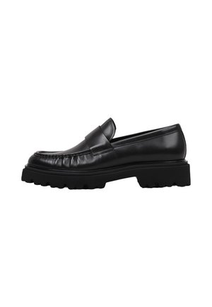 Mocasín de cuero negro con suela de goma gruesa, puntera redondeada y detalle superior tipo mocasín con costura.
