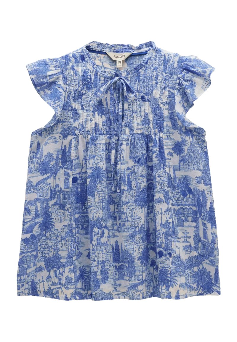 Blau-weißes Kleid für Kleinkinder mit kurzen, gerafften Ärmeln, Frontknoten am Ausschnitt und detailliertem Stadtszenen-Motiv.