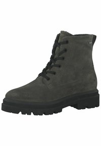 Bottines en suede grises avec un bout rond, semelle en caoutchouc noir et design à lacets, comportant six œillets et un col rembourré.