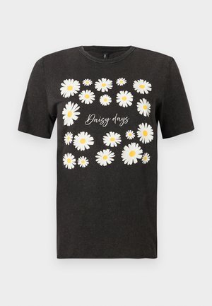 Μαύρο κοντομάνικο T-shirt με λευκά και κίτρινα μοτίβα μαργαρίτας που περιβάλλουν το κείμενο "Daisy days" στο μπροστινό μέρος.