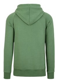 Felpa verde con cappuccio, tessuto liscio, polsini e orlo a costine, con un logo discreto nella parte inferiore. Presenta un ampio cappuccio posteriore.