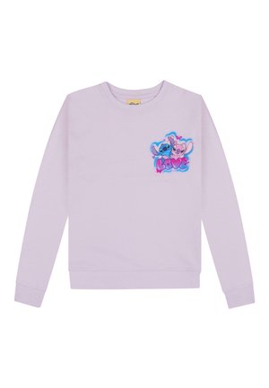 Sweatshirt violet clair avec un col rond, des manches longues et un graphique sur le devant représentant des personnages de dessin animé bleus et roses avec le mot "AMOUR".