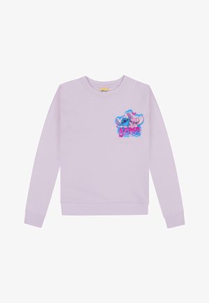 Lichtpaarse sweatshirt met een ronde halslijn, lange mouwen en een voorkant met een grafisch ontwerp van blauwe en roze cartoonfiguren met het woord "LOVE."