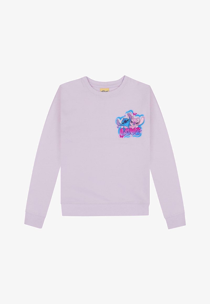 Felpa viola chiaro con scollatura rotonda, maniche lunghe e una grafica frontale che presenta personaggi dei cartoni animati blu e rosa con la scritta "LOVE."