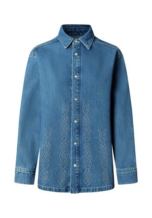 Blauw denim overhemd met lange mouwen, knoopsluiting, puntkraag en verticale geborduurde patronen aan de voorkant.