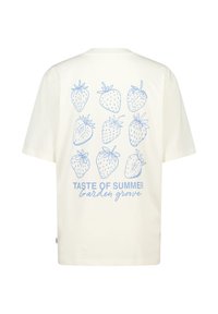 Crème-kleurige katoenen t-shirt met korte mouwen, voorzien van blauwe aardbeienprints en de tekst "TASTE OF SUMMER Garden grove" op de achterkant.