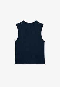Haut sans manches en maille côtelée bleu marine foncé avec encolure ronde et ourlet droit, présenté à plat sur fond blanc.