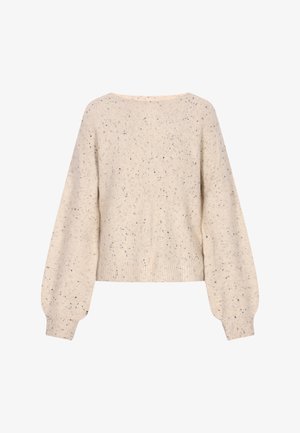 Kremowy sweter dzianinowy o luźnym kroju, z ściągaczami na rękawach i dole. Charakteryzuje się marmurkową teksturą z granatowymi i szarymi flekami.