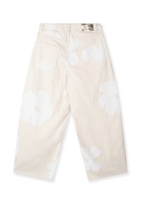 Pantalones de algodón de corte relajado con estampado floral en blanco. Con una textura suave, cinturilla elástica y dos bolsillos traseros.