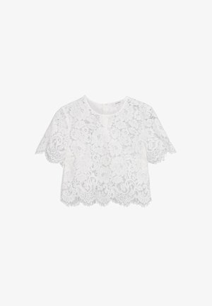 Top corto in pizzo bianco con maniche corte, motivo floreale, orlo ondulato e una finitura testurizzata delicata. Presenta una chiusura con zip sul retro.