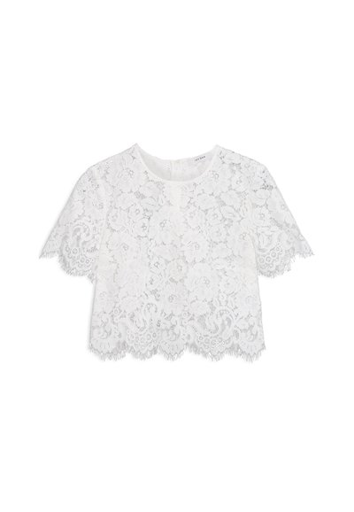 Witte kanten crop top met korte mouwen, bloemenpatroon, geschulpte zoom en een subtiele textuur. Voorzien van een rits aan de achterkant.