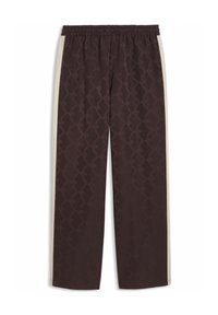 Καφέ φόρμες με διακριτικό γεωμετρικό σχέδιο και λευκές ρίγες στα πλάγια, με ελαστική μέση και ίσια εφαρμογή στο πόδι.