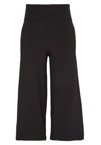 Black wide-leg trousers with a high waistband, featuring side pockets and a smooth, stretchy fabric texture. No visible patterns or hardware.