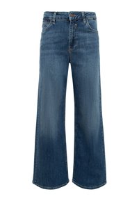 Wide-leg blue denim jeans with a mid-rise waist, five-pocket design, and subtle fading. Features a zipper fly and metal button closure.