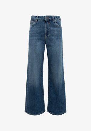 Blaue Jeans mit weitem Bein, mittelhoher Taille, Fünf-Taschen-Design und dezentem Verblassen. Mit Reißverschluss und Metallknopfverschluss.