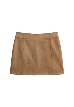 Brown suede skirt with a smooth texture, A-line shape, and a waistband. Features stitched seams for added detail.