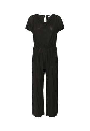 Svart jumpsuit i skimrande tyg, med korta ärmar, avslappnad passform, draperad halsringning och resårmidja för komfort.