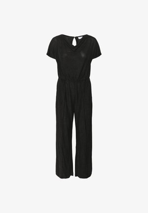 Melnā kombinezona izgatavots no spīdīgas auduma, ar īsām piedurknēm, brīvu piegriezumu, pakaramu apkakli un elastīgu jostasvietu ērtībai.