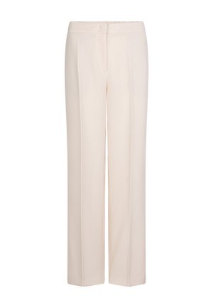 Lichtbeige wijde broek van soepel stof, met een vlakke voorkant en zonder zakken. Het ontwerp is eenvoudig en op maat gemaakt voor een relaxte fit.