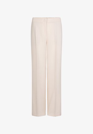 Lichtbeige wijde broek van soepel stof, met een vlakke voorkant en zonder zakken. Het ontwerp is eenvoudig en op maat gemaakt voor een relaxte fit.