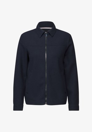 Mørkeblå jakke lavet af blødt stof, med lige pasform, lynlås foran og kravehals, samt sidelommer.