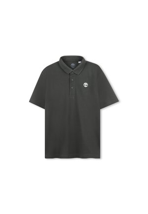 Polo shirt grigio scuro realizzato in cotone testurizzato, con colletto, placca con tre bottoni e un piccolo logo di un albero bianco sul petto.