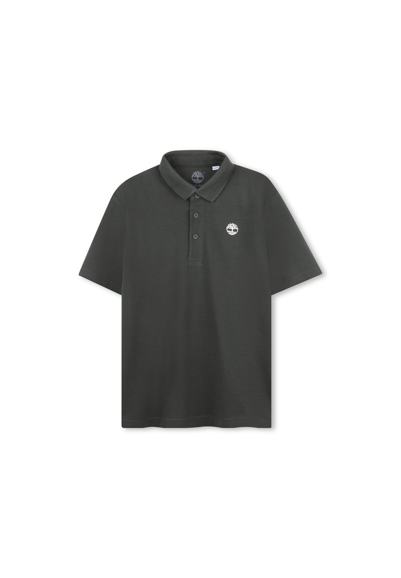 Donkergrijze polo shirt van gestructureerd katoen, met een kraag, een knoopsluiting met drie knopen en een klein wit boomlogo op de borst.