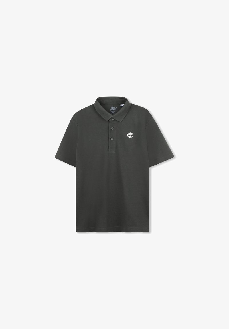 Donkergrijze polo shirt van gestructureerd katoen, met een kraag, een knoopsluiting met drie knopen en een klein wit boomlogo op de borst.