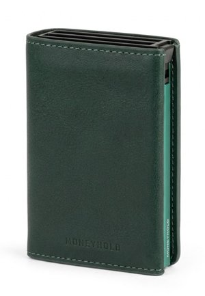 Kompakte dunkelgrüne Lederbrieftasche mit mehreren Kartenfächern und dem geprägt auf der Vorderseite befindlichen Moneyhold-Logo.