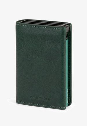 Compact dark green leather wallet with multiple card slots and Moneyhold branding embossed on the front.
