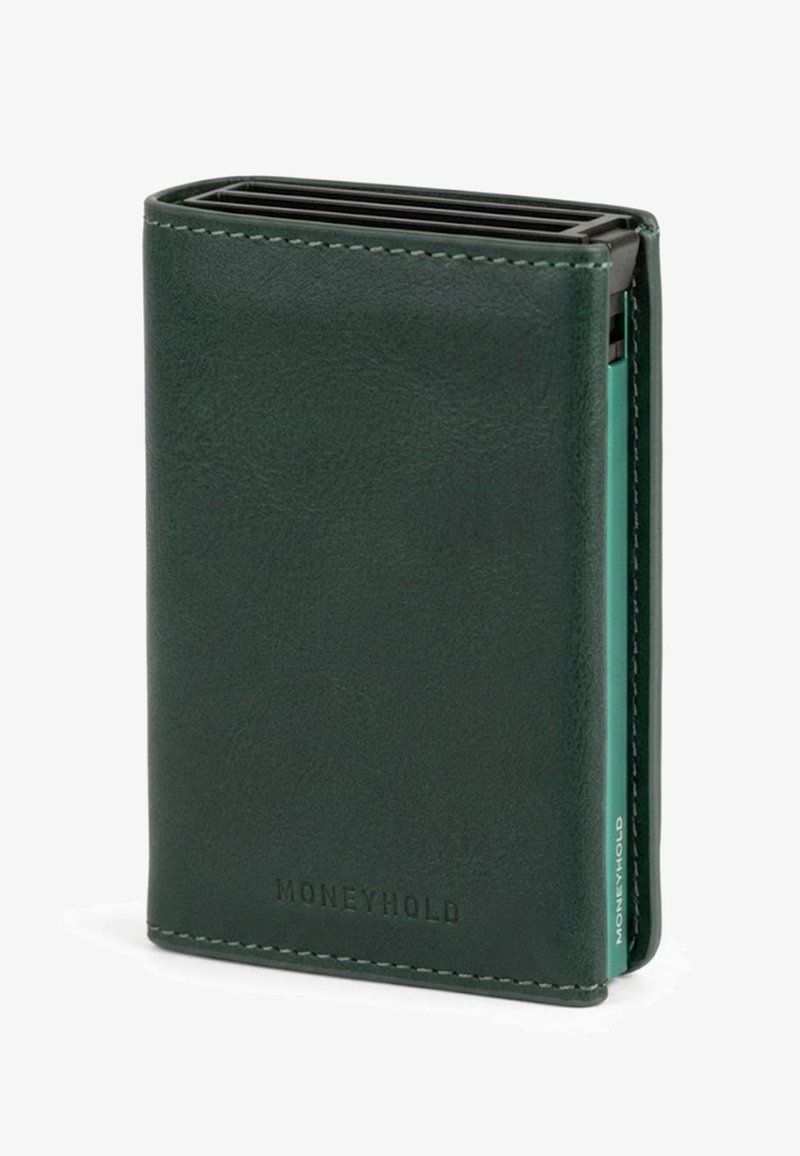 Portefeuille compact en cuir vert foncé avec plusieurs emplacements pour cartes et le logo Moneyhold embossé à l'avant.