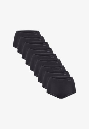 Conjunto de diez bragas negras de talle alto para mujer dispuestas en una línea diagonal sobre un fondo blanco.