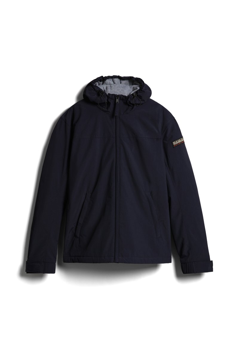 Veste à capuche bleu marine en tissu texturé, dotée d'une fermeture éclair, de poches latérales et d'un logo sur la manche.