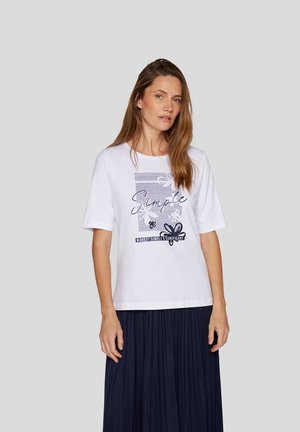 Weißes Baumwoll-T-Shirt mit kurzen Ärmeln, das ein blaues Grafikdesign zeigt, welches das Wort "Einfach" und florale Akzente in der Mitte beinhaltet.