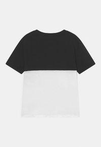 Black and white short-sleeve t-shirt. The upper half is solid black, while the lower half is solid white. Soft cotton fabric, standard fit.