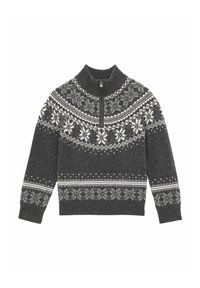 Maglione a maglia grigio scuro con motivi nordici a fiocchi di neve bianchi e grigi chiari, colletto con zip a un quarto, maniche lunghe e polsini e orlo a costine.