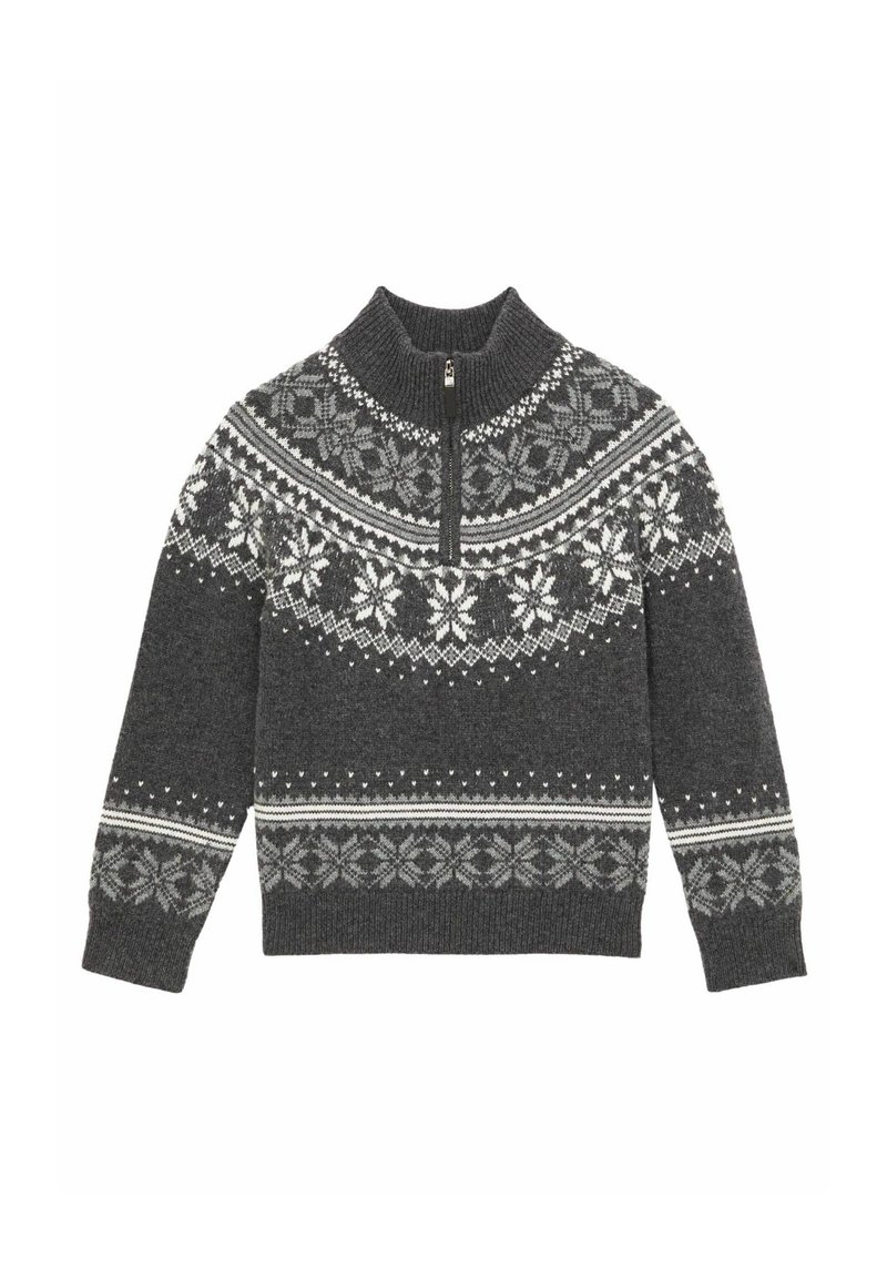 Maglione a maglia grigio scuro con motivi nordici a fiocchi di neve bianchi e grigi chiari, colletto con zip a un quarto, maniche lunghe e polsini e orlo a costine.