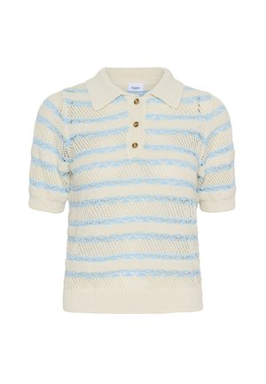 Tricou polo crem cu mâneci scurte din tricot, cu dungi orizontale albastre deschise și trei nasturi maro pe falda frontală.