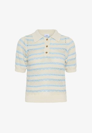 Tricou polo crem cu mâneci scurte din tricot, cu dungi orizontale albastre deschise și trei nasturi maro pe falda frontală.
