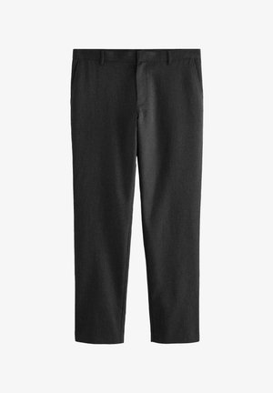 Black, tailored trousers made from a lightweight, textured fabric. Features a flat front, belt loops, and side pockets.