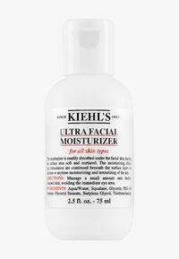 Kiehl’s Ultra Facial Moisturizer, biała plastikowa butelka, z pompką, z czarnym i czerwonym tekstem, 75 ml, dla wszystkich typów skóry.