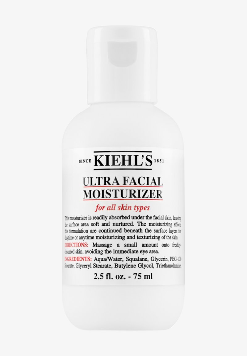 Kiehl’s Ultra Facial Moisturizer, biała plastikowa butelka, z pompką, z czarnym i czerwonym tekstem, 75 ml, dla wszystkich typów skóry.